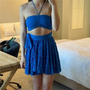 Free People Hot Dang Halter Tiered Tie-Waist Blue Mini Dress